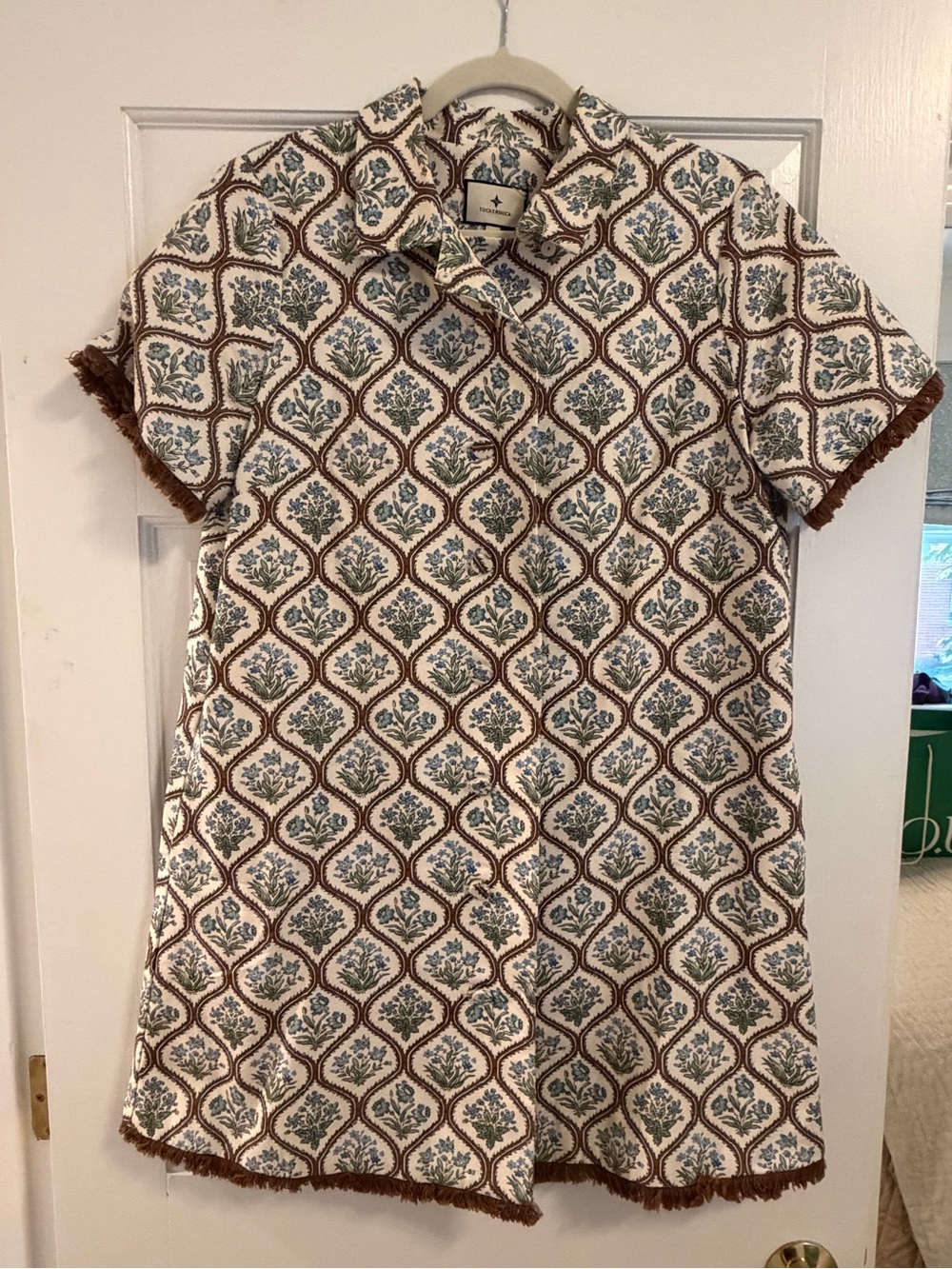 Tuckernuck Cream Dress with Brown Lattice & Blue Floral Print
